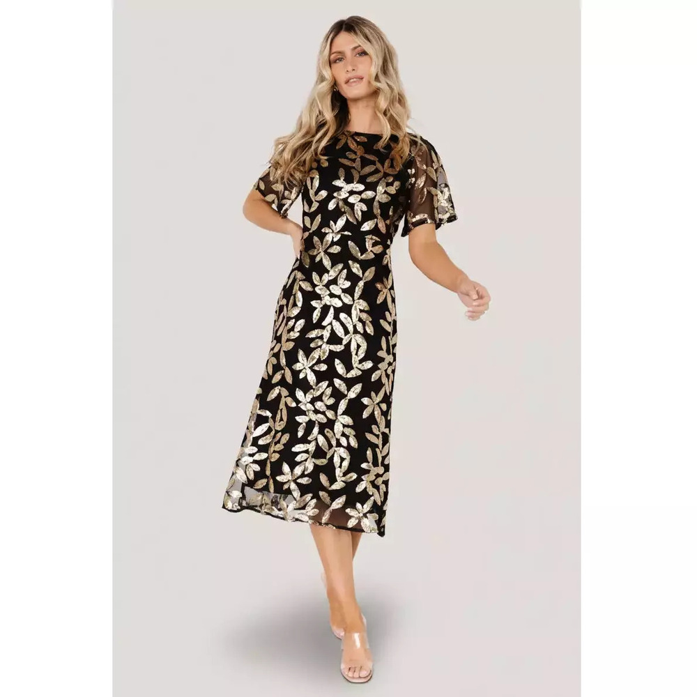 Baltic Born Deanna Sequin Midi Dress | Black + Gold Size SS
